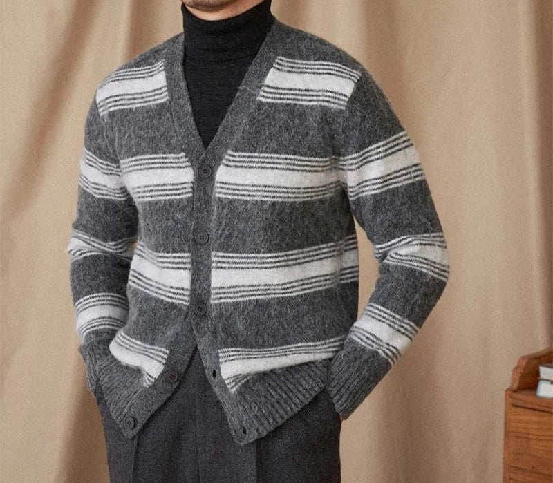 Antonios striped wool v-neck cardigan for men, grey and white design.
