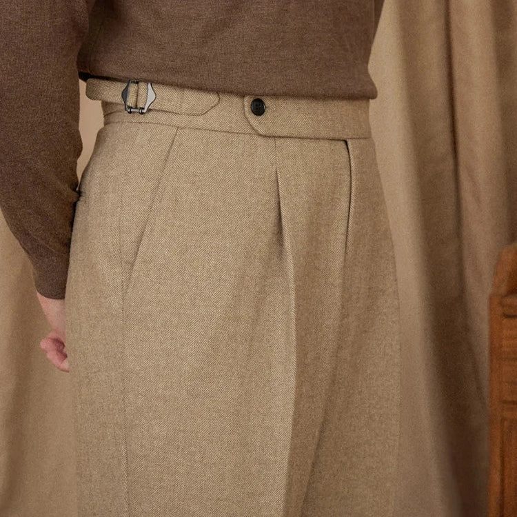 Wool winter Italian trousers for men in beige, showcasing classic style and comfort.