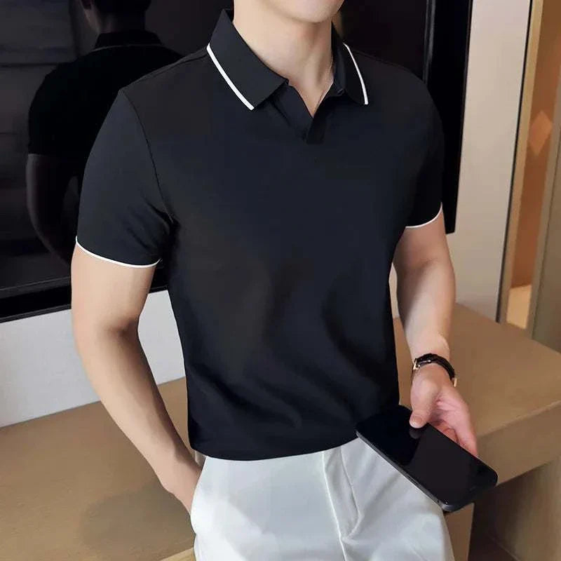 British slim fit summer polo t-shirt for men in solid black, ideal for spring and summer fashion.