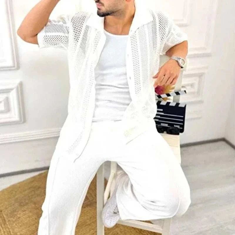 Man wearing a vintage casual short sleeve shirt in a white stripe pattern, styled for spring/summer.