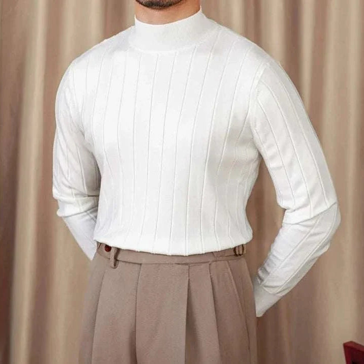 Autumn turtleneck premium sweater for men in white, ribbed design.