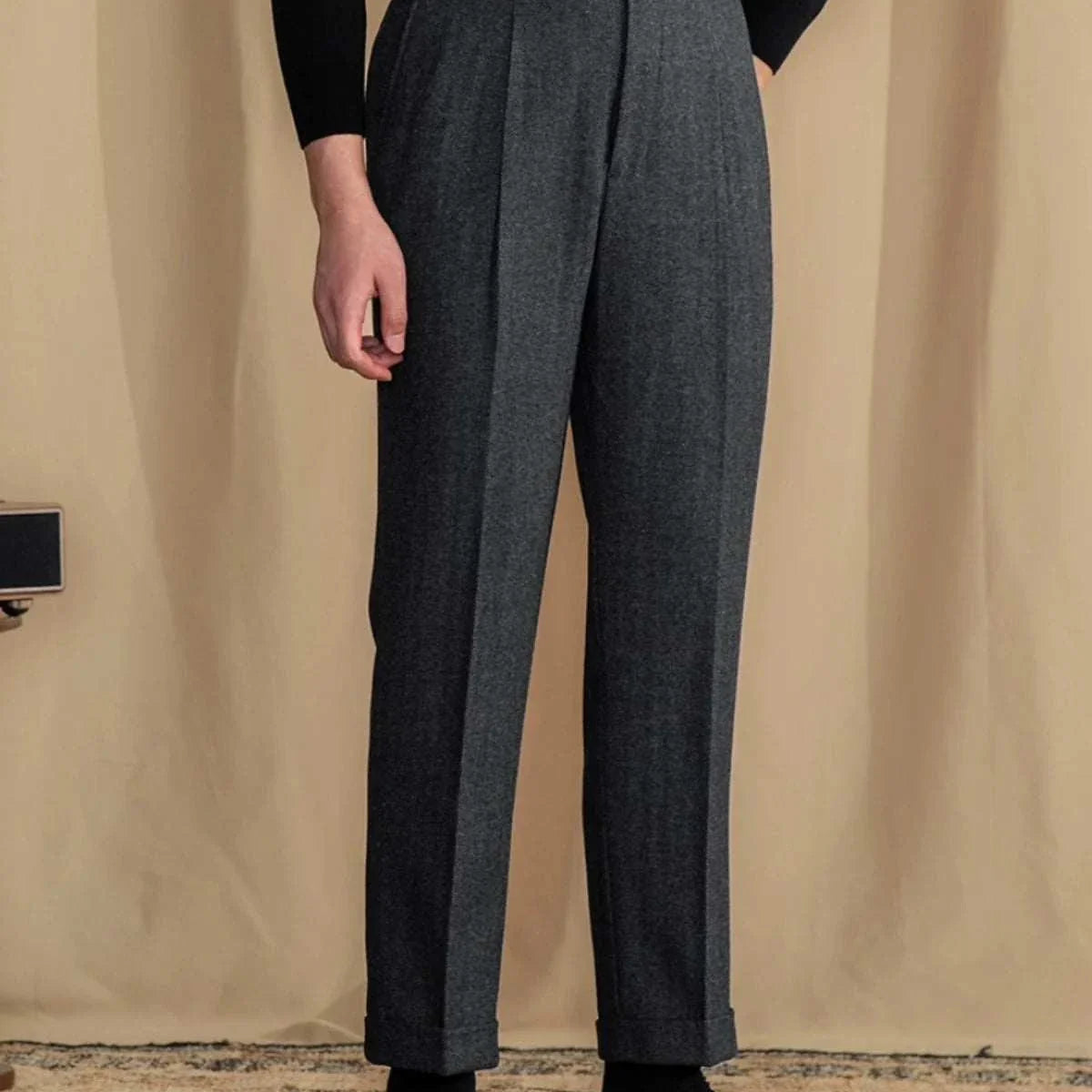 Antonios vintage wool herringbone pants, full-length, smart casual style.