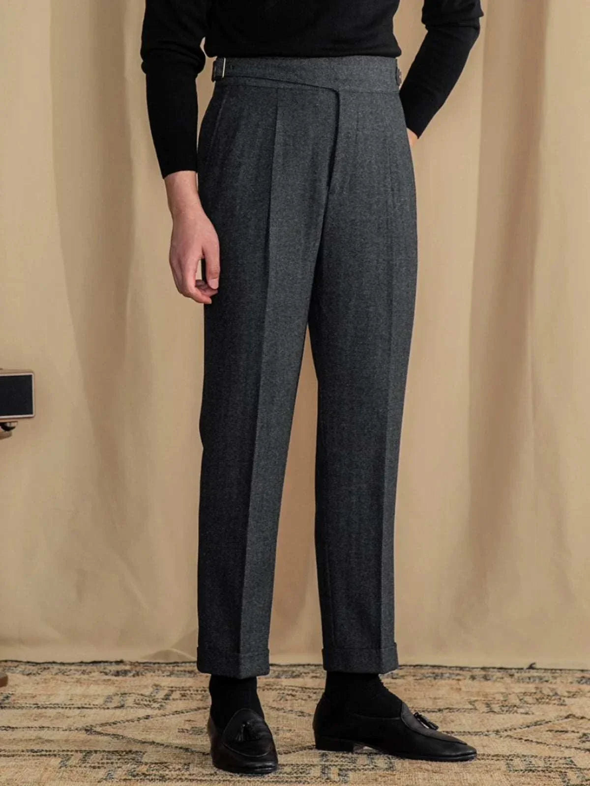Antonios vintage wool herringbone pants, full-length, smart casual style.