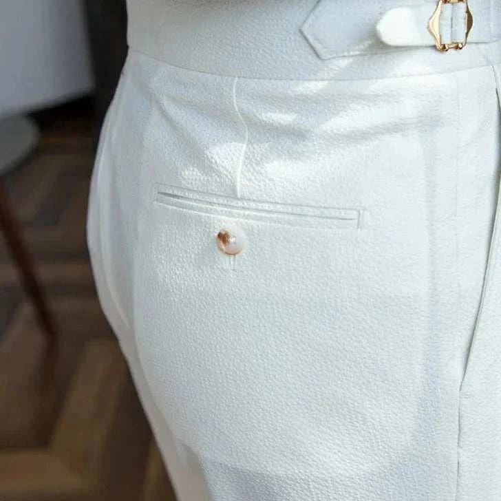 Italian design office high-waist trousers, solid pattern, comfortable fit, viscose and polyester blend.