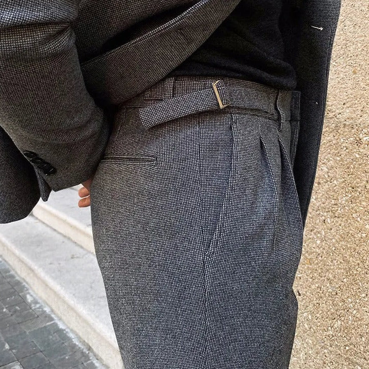 Elegant office double breasted suit with intricate pattern for men.