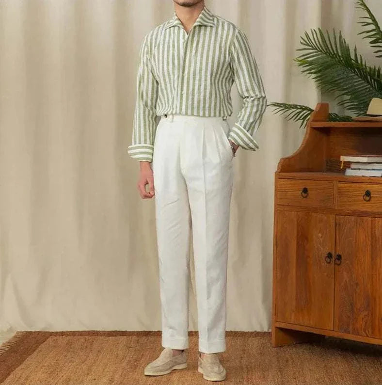 Business striped white summer shirt for men, elegant and comfortable cotton blend, perfect for office wear.