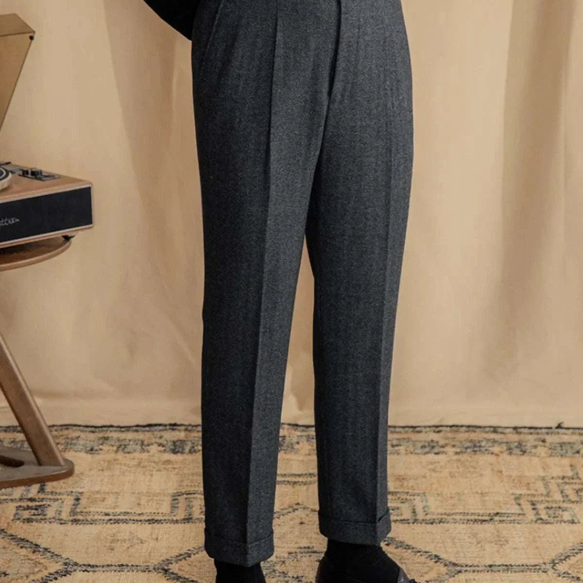 Antonios vintage wool herringbone pants, smart casual full-length with elegant style.