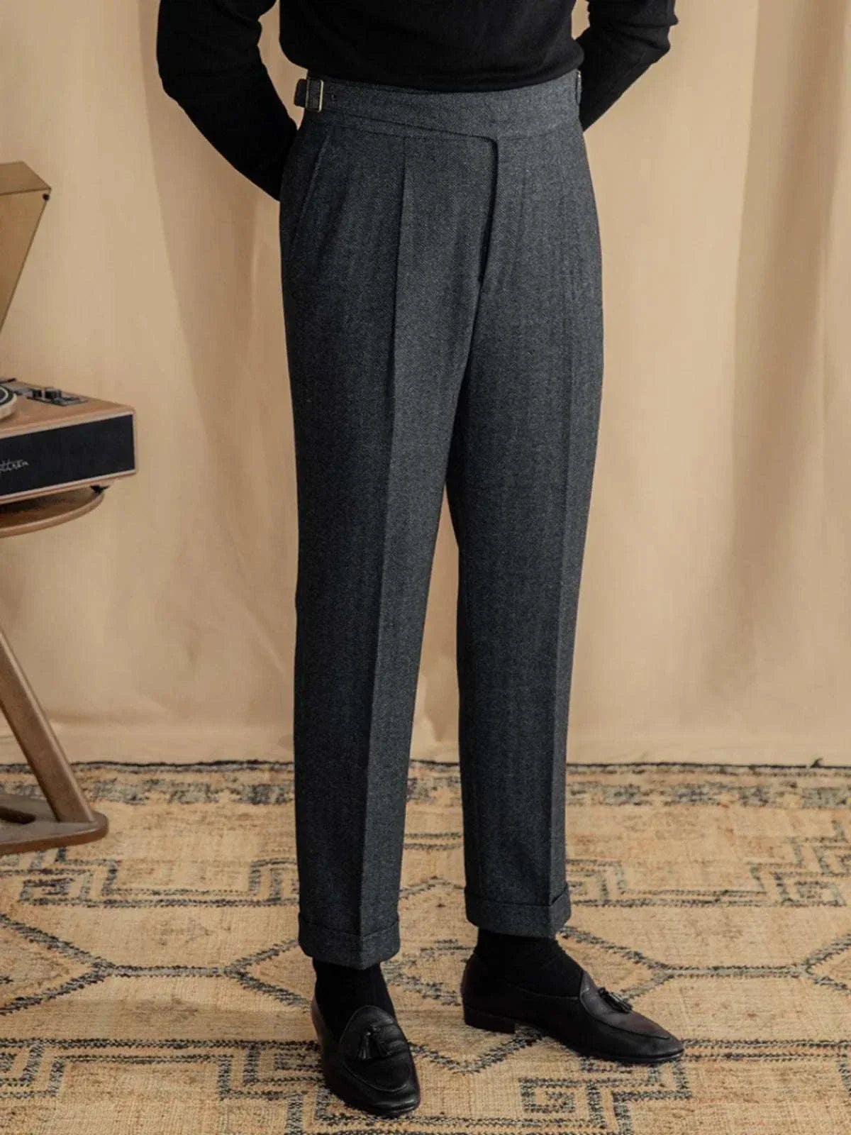 Antonios vintage wool herringbone pants, smart casual full-length with elegant style.