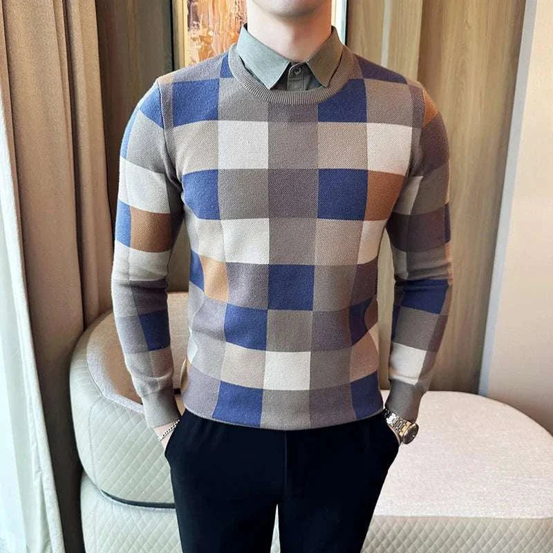 Men's tone two color sweater with checkered pattern, perfect for casual or classy style.