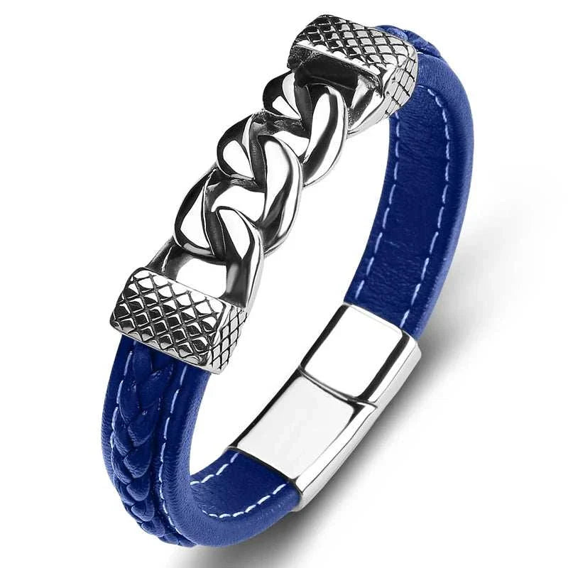 Classic chain stainless steel bracelet with sleek PU accents, stylish and durable for everyday wear.
