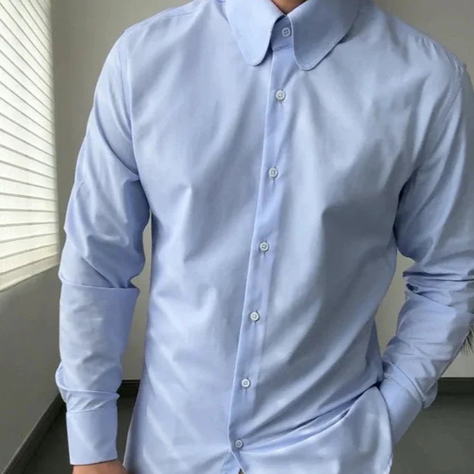 Luxury British dress shirt in light blue, ideal for parties and business events.