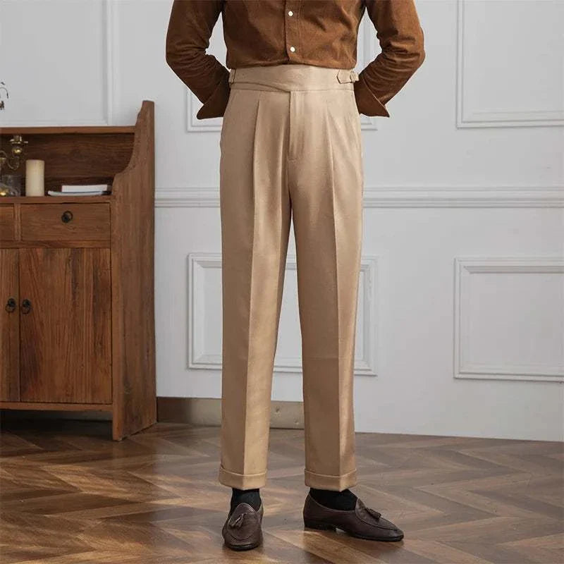 Autumn Italian high-waist trousers for men in beige, made from polyester, offering a chic and comfortable fit.