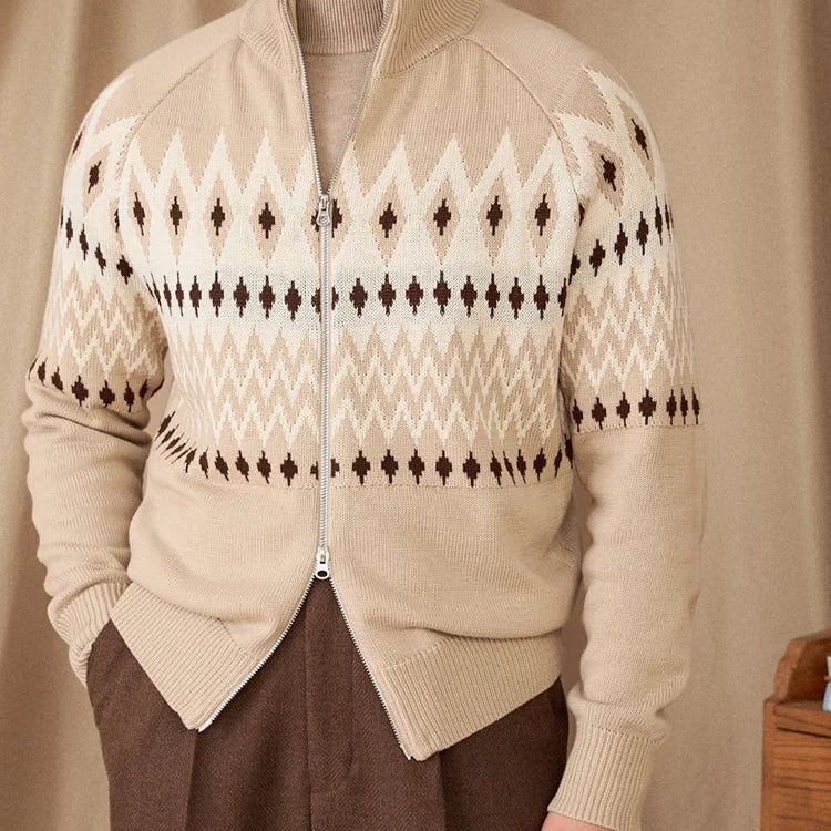 Antonios Indiana Totem Wool Knit Cardigan featuring geometric patterns in beige and brown.