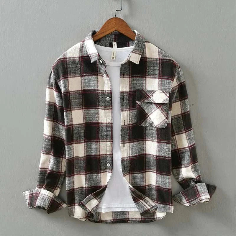 Korean plaid long-sleeve shirt for men, casual and elegant style, cotton material, spring/summer wear.