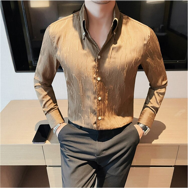 LUXE Long-Sleeve Shirt for men in a stylish solid pattern, showcasing a comfortable fit and high-quality cotton-linen blend.