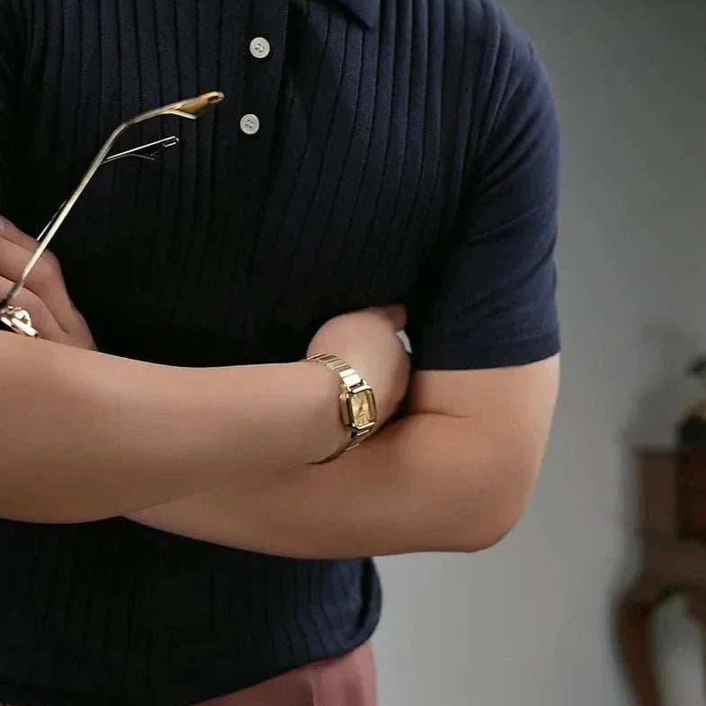 British polo collar t-shirt with smart casual design in stripe pattern.