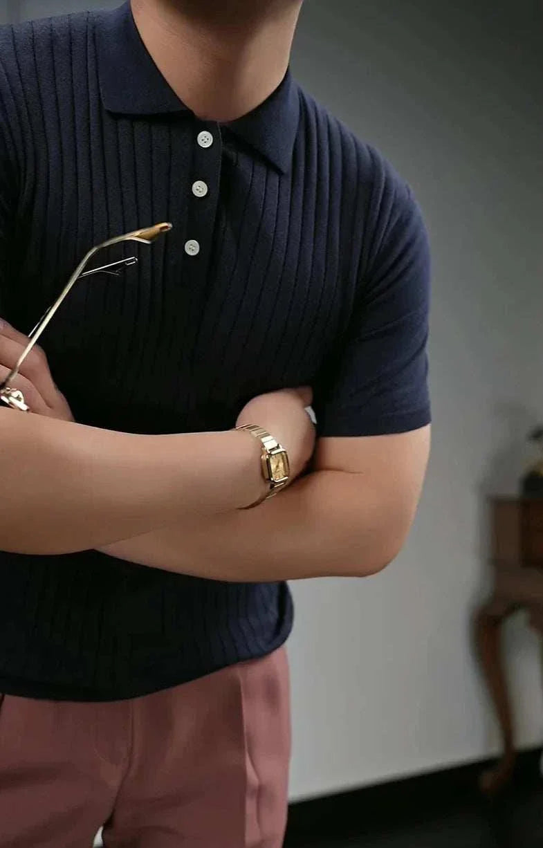 British polo collar t-shirt with smart casual design in stripe pattern.