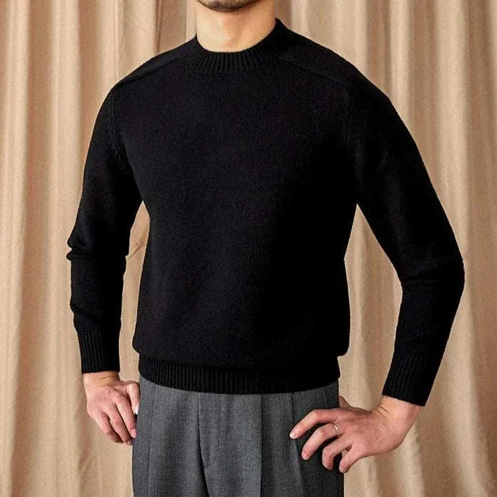 Japanese casual winter sweater for men, black, cotton and wool blend.