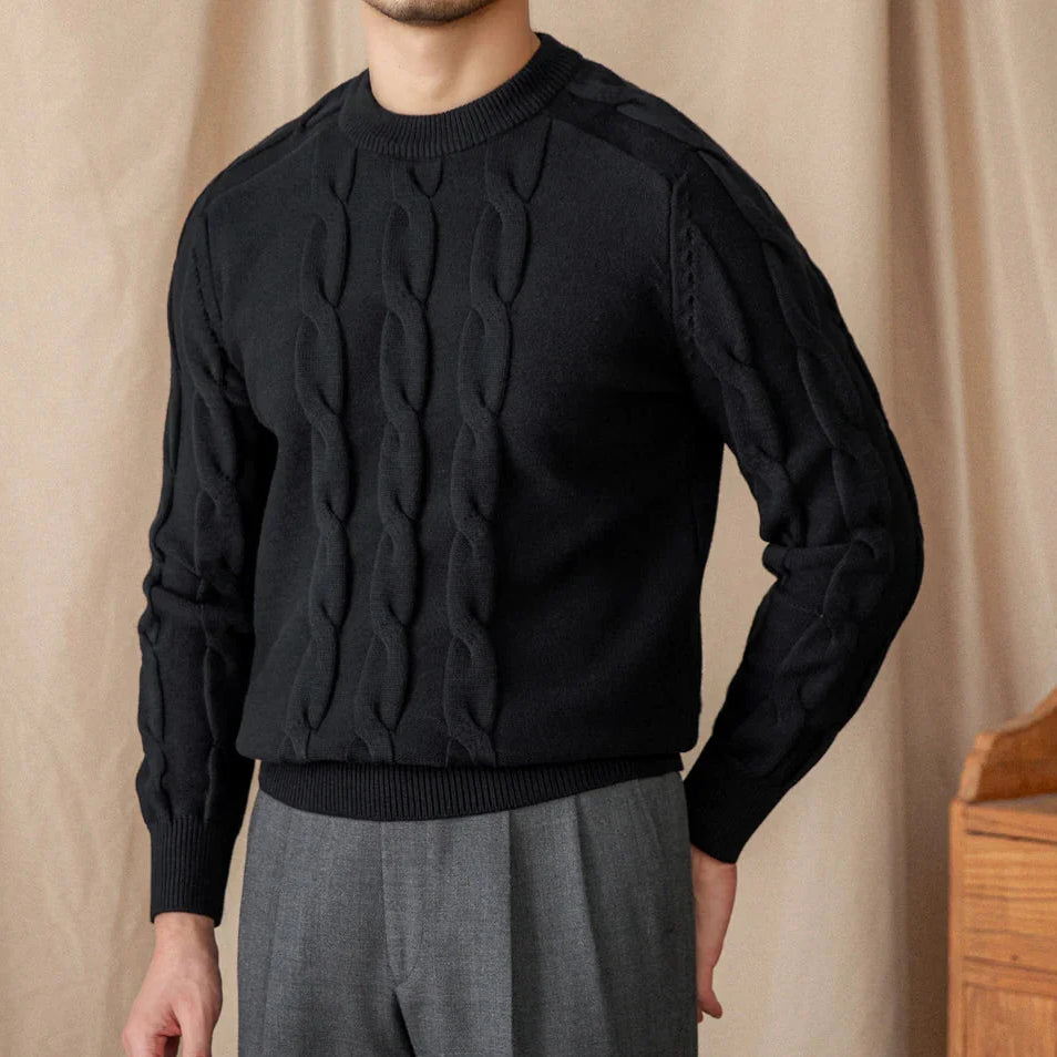 Round neck vintage sweater in black for men, cotton-wool blend, textured design.