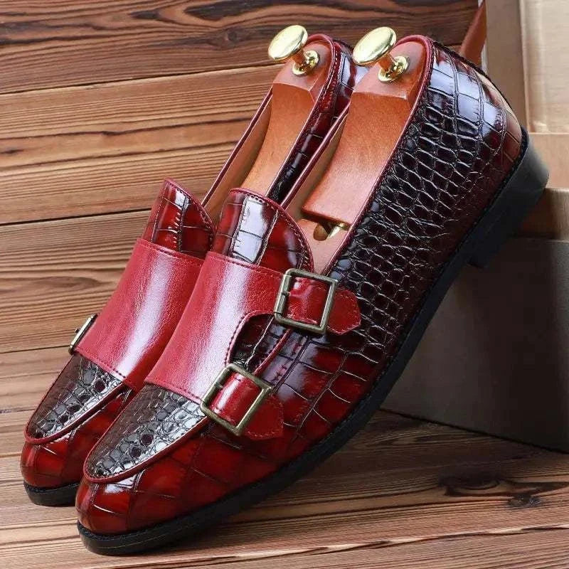 Crocodile pattern microfiber shoes for men in wine red, showcasing intricate craftsmanship and durable design.