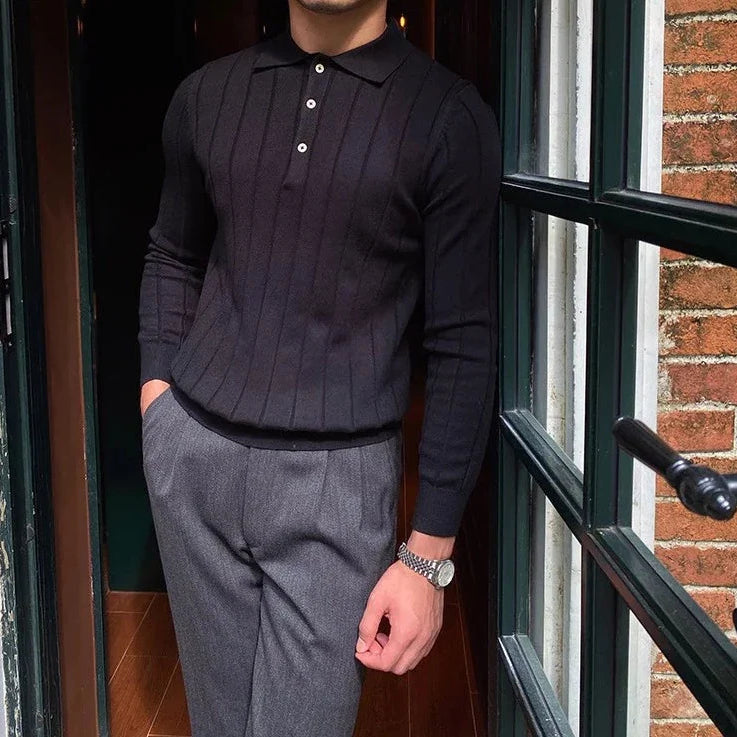 Oxford polo sweater in solid black, featuring premium material for warmth and style.