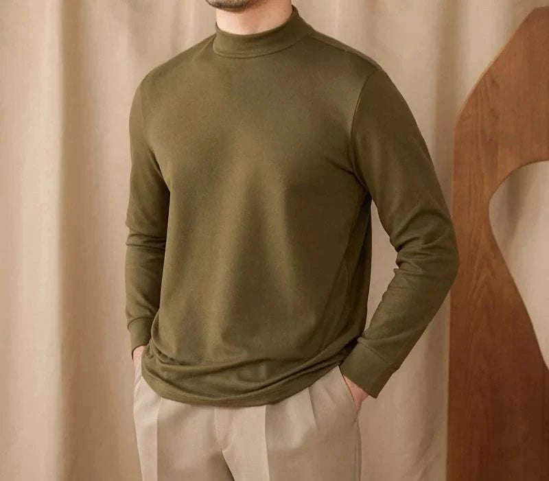 Soft half turtleneck sweater for men in olive green, made from 100% polyester, perfect for a cozy and stylish look.