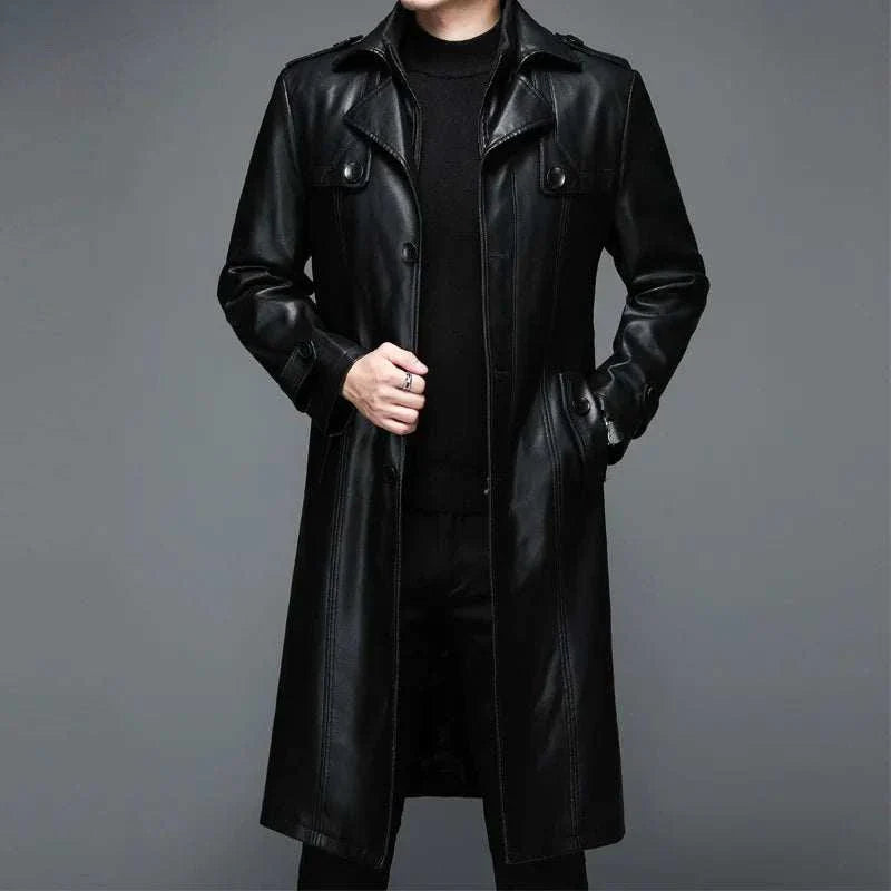Matrix long coat made of polyester and ecological leather for men, autumn/winter fashion.