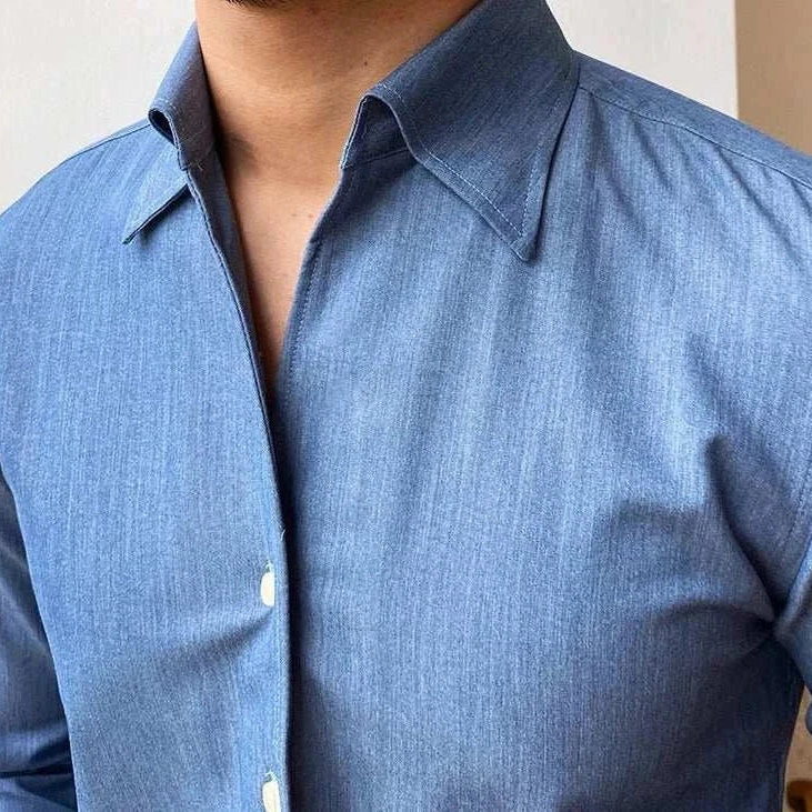 Antonios British casual shirt in blue polyester fabric, classic collar, solid pattern.