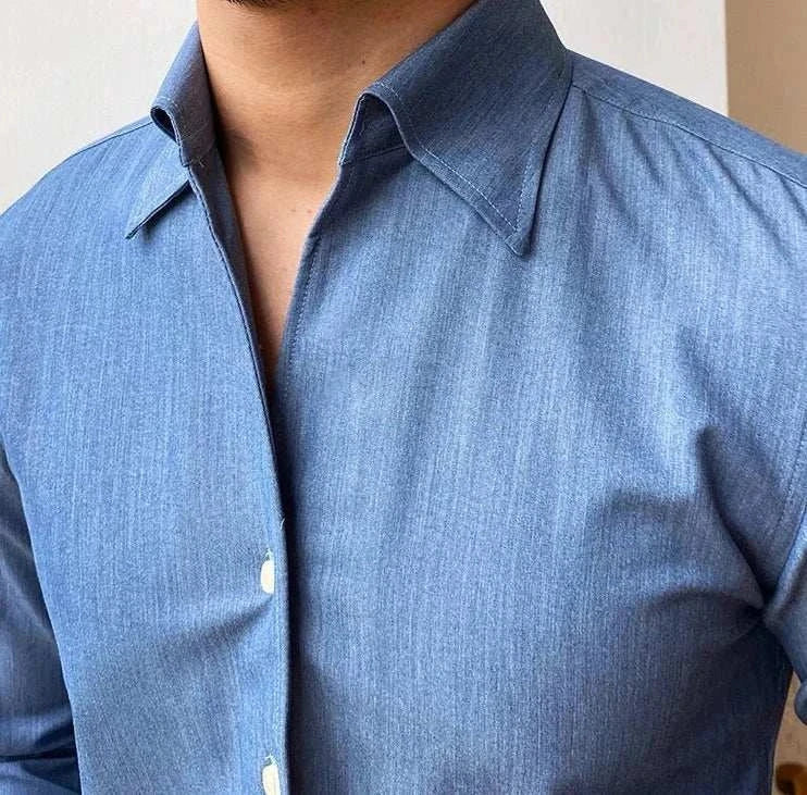 Antonios British casual shirt in blue polyester fabric, classic collar, solid pattern.