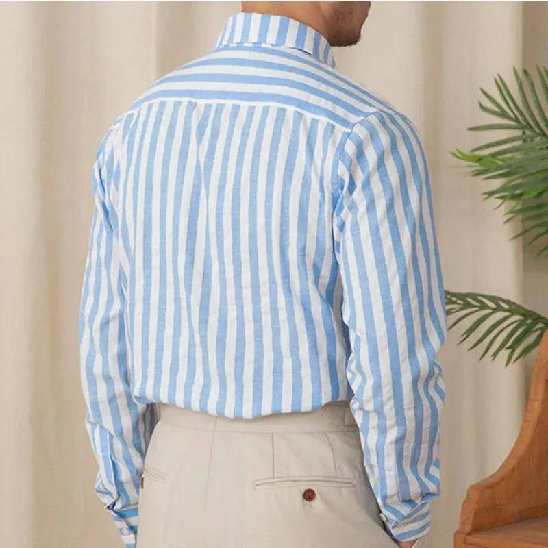 Business striped white summer shirt for men, cotton-polyester blend, elegant attire.