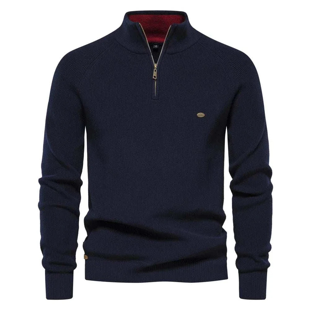 High-collar autumn/winter sweater for men, cotton-lycra blend in navy blue.
