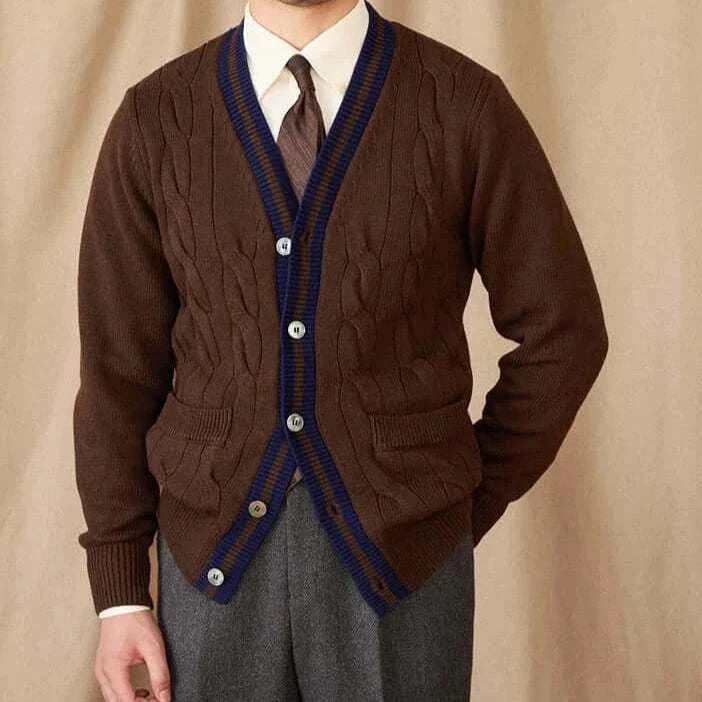 Antonios twisted knit cardigan in brown, Italian vintage style, men's wool sweater.