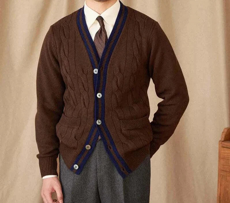 Antonios twisted knit cardigan in brown, Italian vintage style, men's wool sweater.