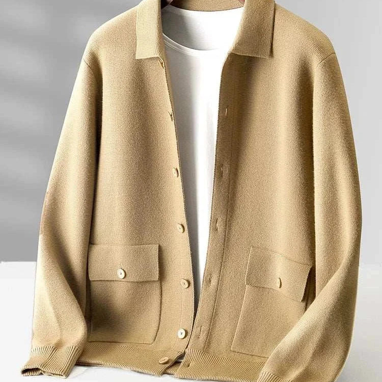 Antonios wool polo collar cardigan for men in beige, perfect for all seasons.