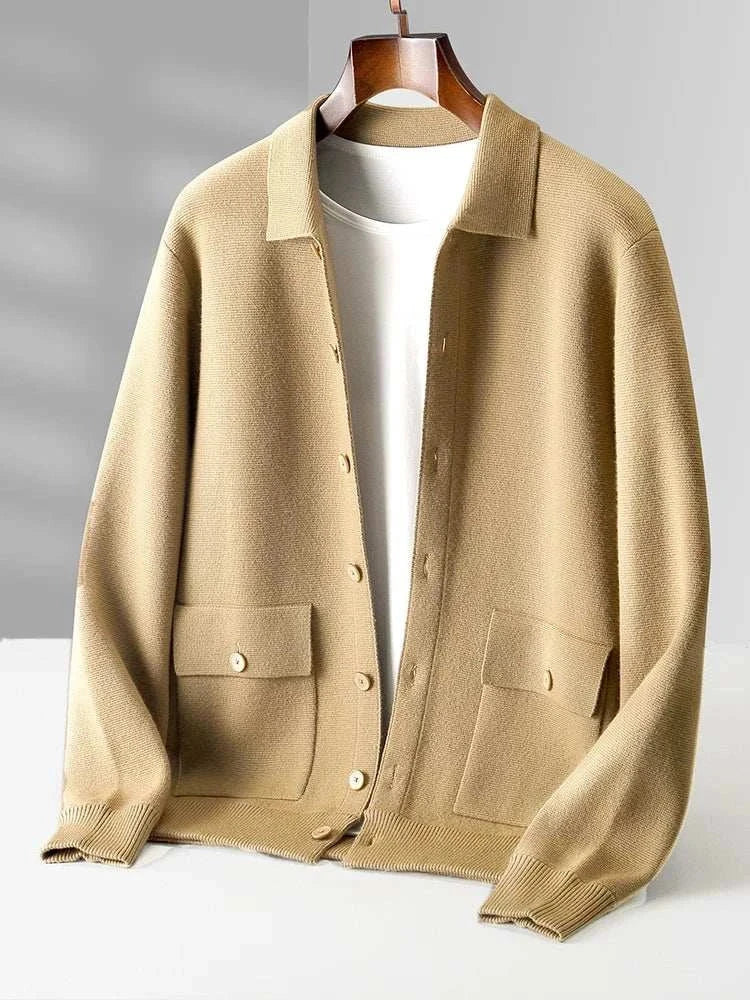 Antonios wool polo collar cardigan for men in beige, perfect for all seasons.