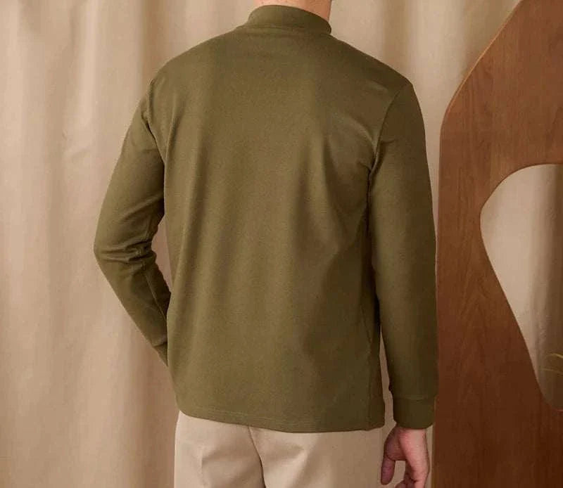 Men's soft half turtleneck sweater in olive green, back view.