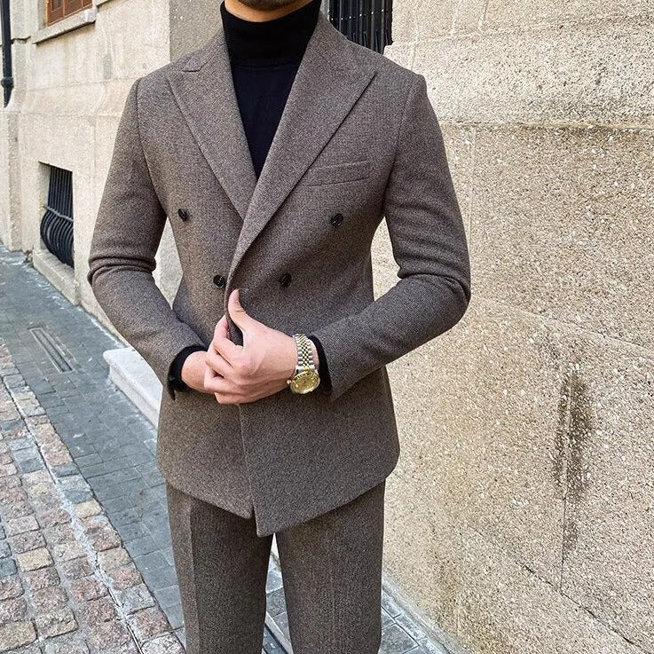 Office double breasted suit with intricate pattern, Italian style, and high-quality polyester fabric.