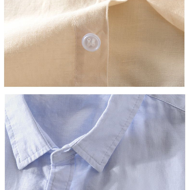 Antonios Short-sleeve Linen Shirt in cream and light blue showing button and collar detail.
