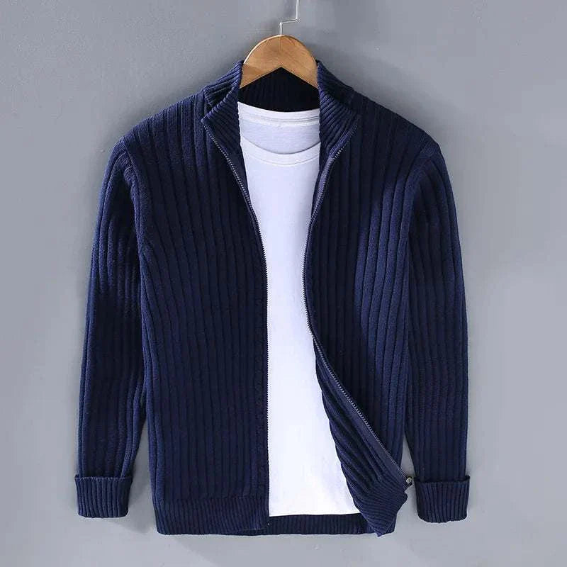 Autumn stand collar cotton cardigan for men, made from 100% cotton, blue color.