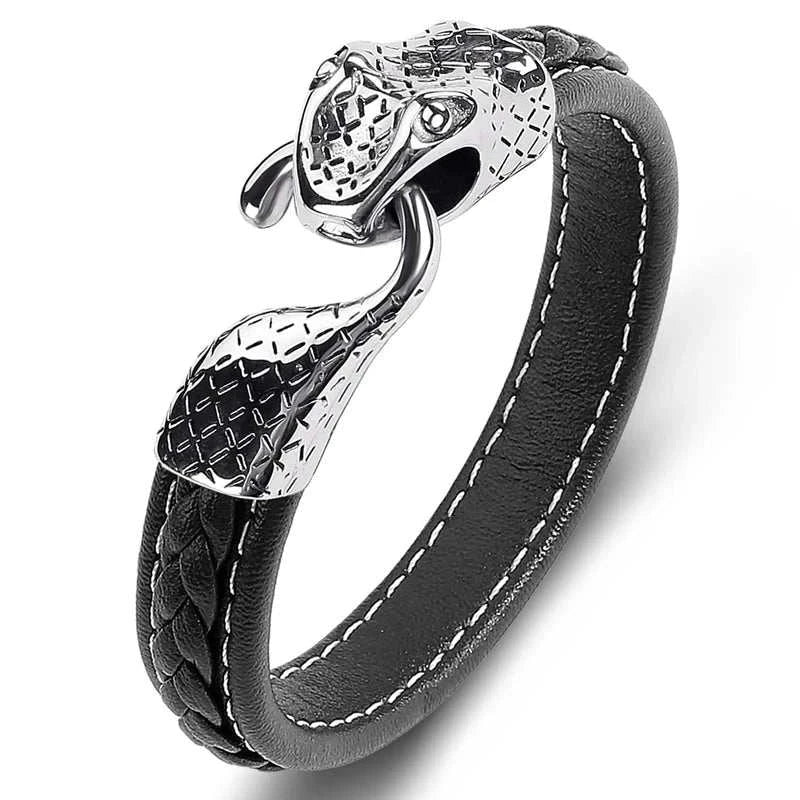 Snake leather bracelet with stainless steel accents for stylish look.