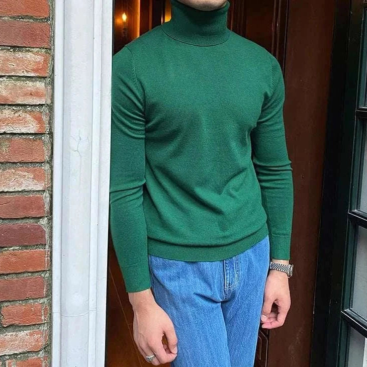 Men's green turtleneck sweater with long sleeves for business and casual wear.