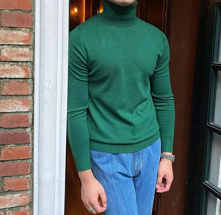 Men's green turtleneck sweater with long sleeves for business and casual wear.