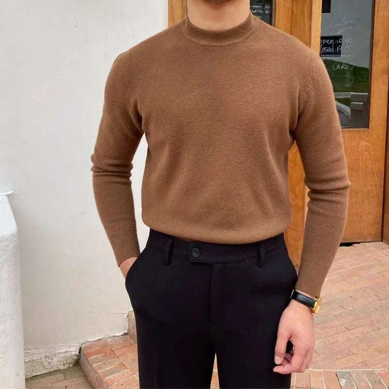 Korean smart casual sweater, men's wool, solid pattern, brown color.