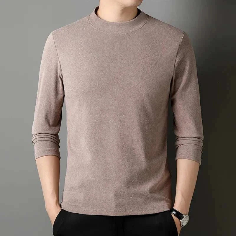 Classic turtleneck sweater in beige, solid pattern, men's casual style.