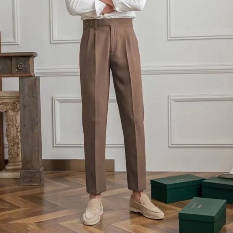 Antonios draped suit pants in brown, showcasing Korean-inspired elegance in a smart casual style.