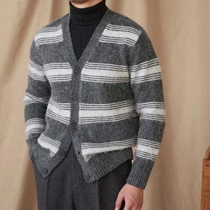 Antonios striped wool v-neck cardigan for men, cozy winter essential.
