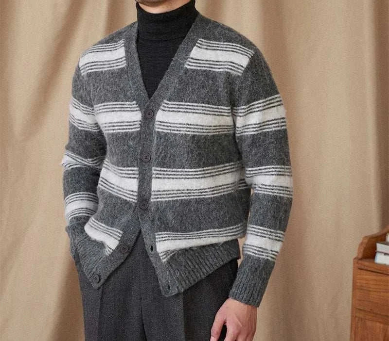 Antonios striped wool v-neck cardigan for men, cozy winter essential.