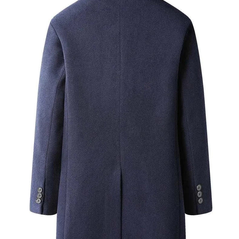 Men's autumn business overcoat in high-quality polyester, navy blue, back view.