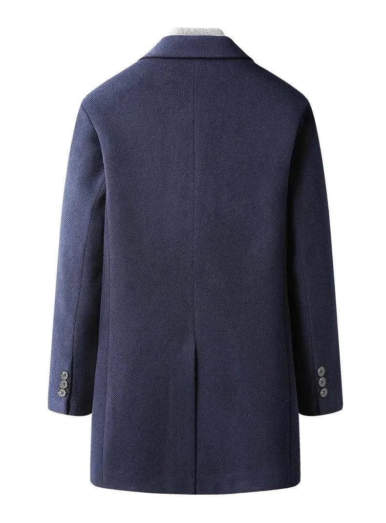Men's autumn business overcoat in high-quality polyester, navy blue, back view.