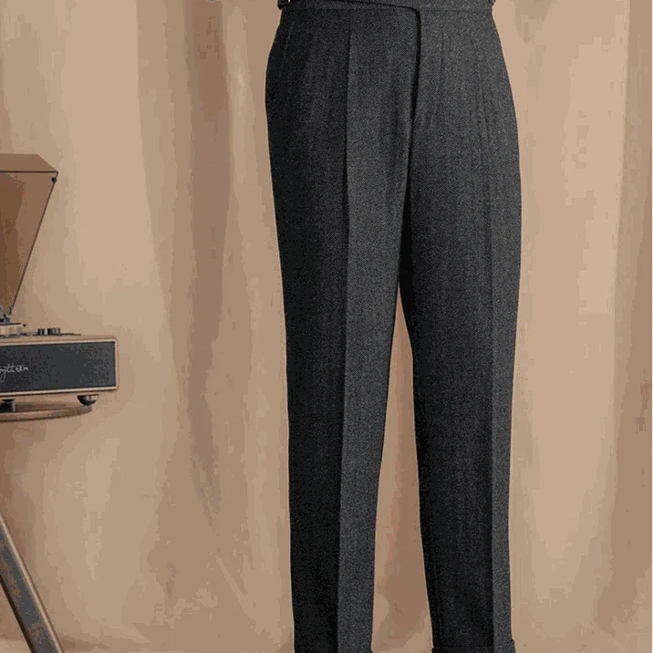 Antonios vintage wool herringbone pants, smart casual elegant style.